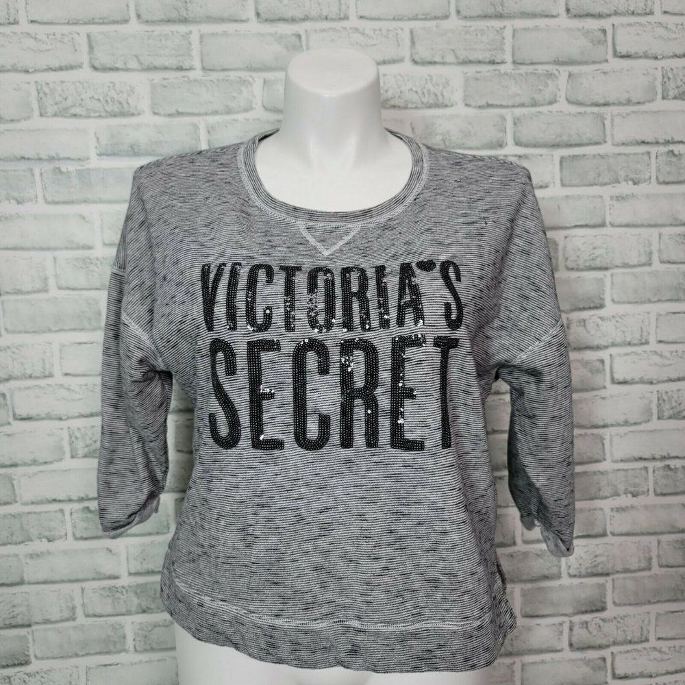 Victorias Secret Size L‎ Black White Striped Sequin Logo Sweatshirt 3/4 Sleeve